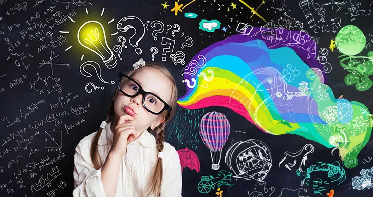 A cute kid creatively thinking with a black background with multiple creative icons and graphics.