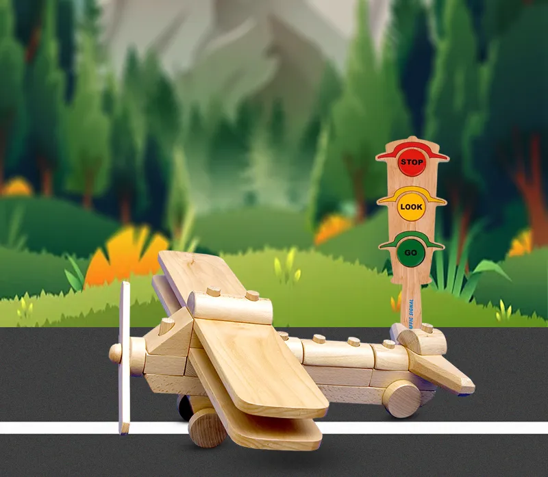 Wooden plane on road with beautiful background scene.