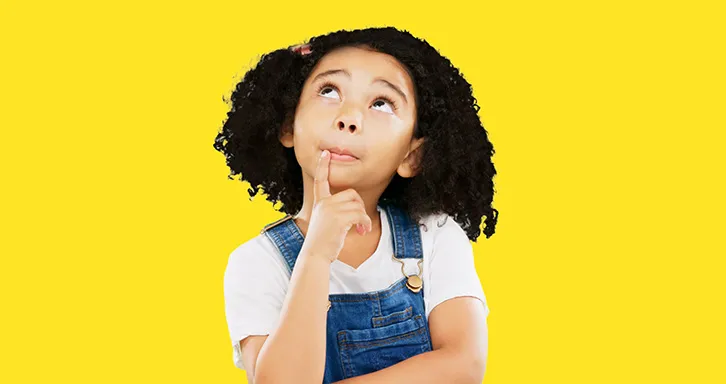 A kid thinking staring at above, yellow background.